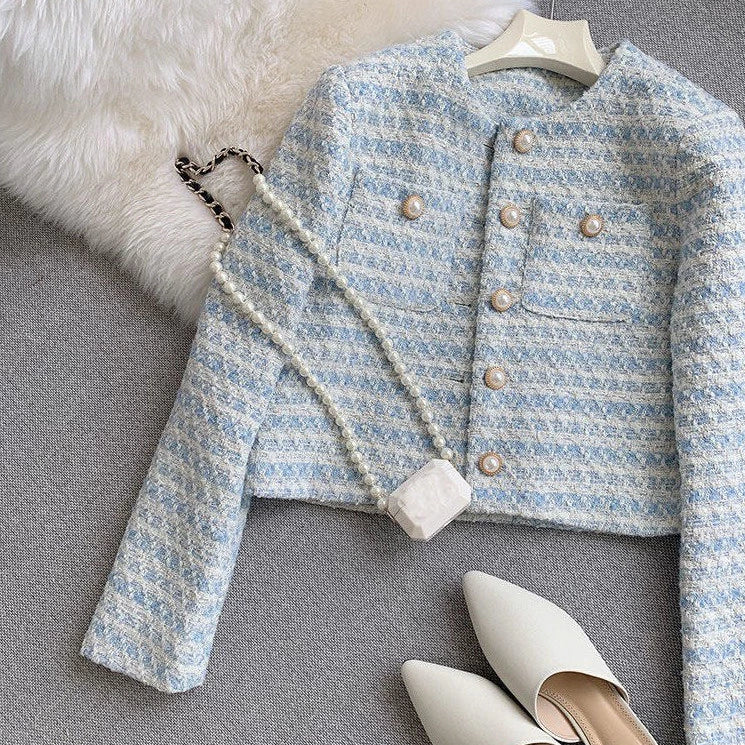 EMITA BLOOM spring outer biru kondangan wanita kekinian lengan panjang korean style lebaran 2026 tweed blazer batik wanita premium