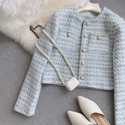 EMITA BLOOM spring outer biru kondangan wanita kekinian lengan panjang korean style lebaran 2026 tweed blazer batik wanita premium