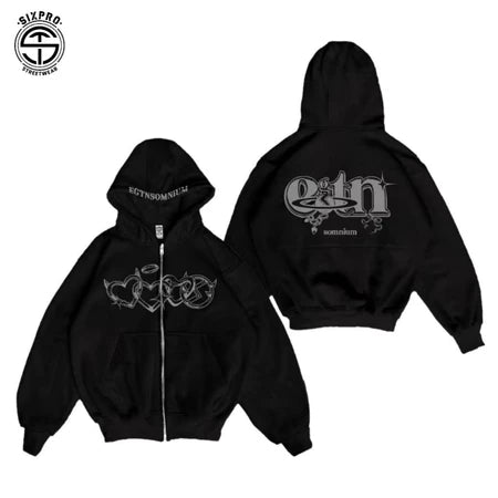SIXPRO - Hoodie Boxy Zipper Hearth Hitam Fit Distro Oversize Pria Wanita Premium