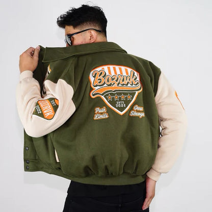 BOZRVK Jaket Varsity Pria Unisex Champion Army Full Bordir