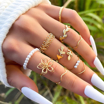 Sadyye 10PCS/SET Cincin Tanaman Rambat Cincin Berongga Bunga Bunga Sederhana Mutiara Imitasi