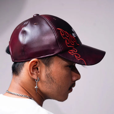 BOZRVK Red Flame Kanji Leather Baseball Cap - Topi Baseball Pria Maroon