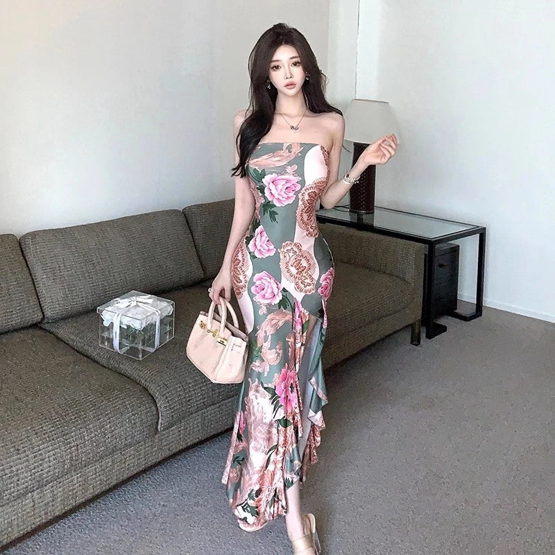 Yimita baju midi dress motif bunga cantik ke pantai jumbo wanita korean style party dress elegant casual dress terbaru 2026 import