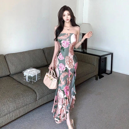 Yimita baju midi dress motif bunga cantik ke pantai jumbo wanita korean style party dress elegant casual dress terbaru 2026 import