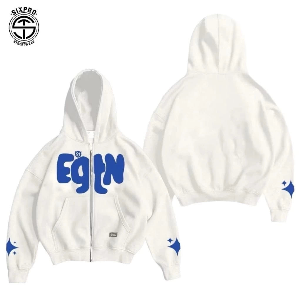 SIXPRO - Hoodie Boxy Zipper Oversize Starboy Broken Putih Pria Wanita Premium