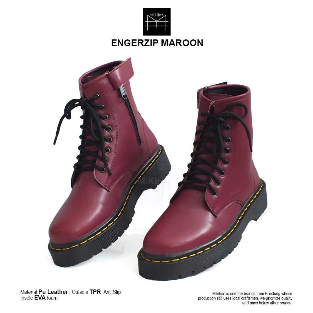 MIkihas - Sepatu Boot Pria Wanita Fashion Kasual Kulit Maroon 8 Hole - Engers Zip