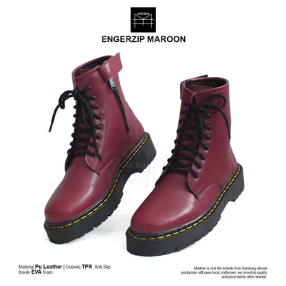 MIkihas - Sepatu Boot Pria Wanita Fashion Kasual Kulit Maroon 8 Hole - Engers Zip