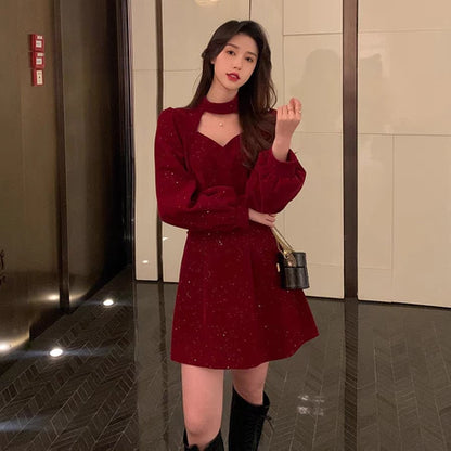 YIMITA summer korean style red long sleeve dress for woman mini formal elegant birthday party christmas dress for teens Lengan panjang