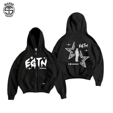 SIXPRO - Hoodie Boxy Zipper Star Hitam Oversize Boxy Pria Wanita Premium