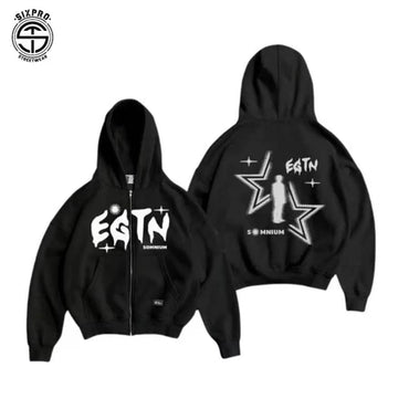 SIXPRO - Hoodie Boxy Zipper Star Hitam Oversize Boxy Pria Wanita Premium