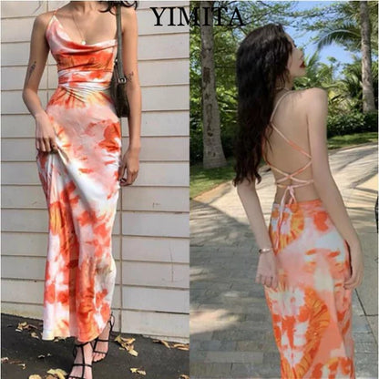 YIMITA baju sexy party dress bodycon midi orange lengan pendek wanita korean style pantai dress terbaru 2026 import