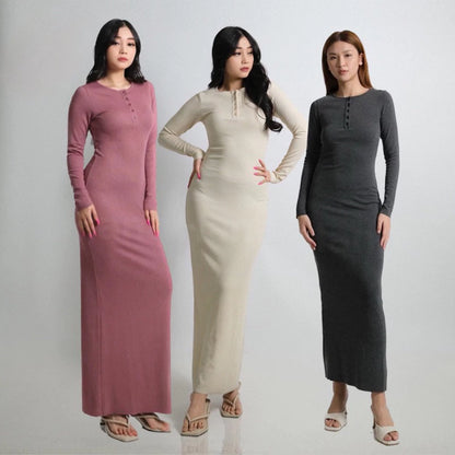 TERLARIS Dress Arisha | Arisha Casual Long Dress Wanita Knit Kancing Korean Style / Dress press bodycon / Dress pantai KNIT RIB