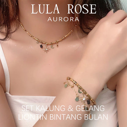 Set Kalung dan Gelang Wanita Gaya Vintage Manik Emas Ornamen Bulan Bintang Couple Fashion Aesthetic