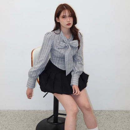 Juliete Stripe Fitted Ribbon Shirt Kemeja Tali Crop Salur Atasan Wanita Fit Body Pita