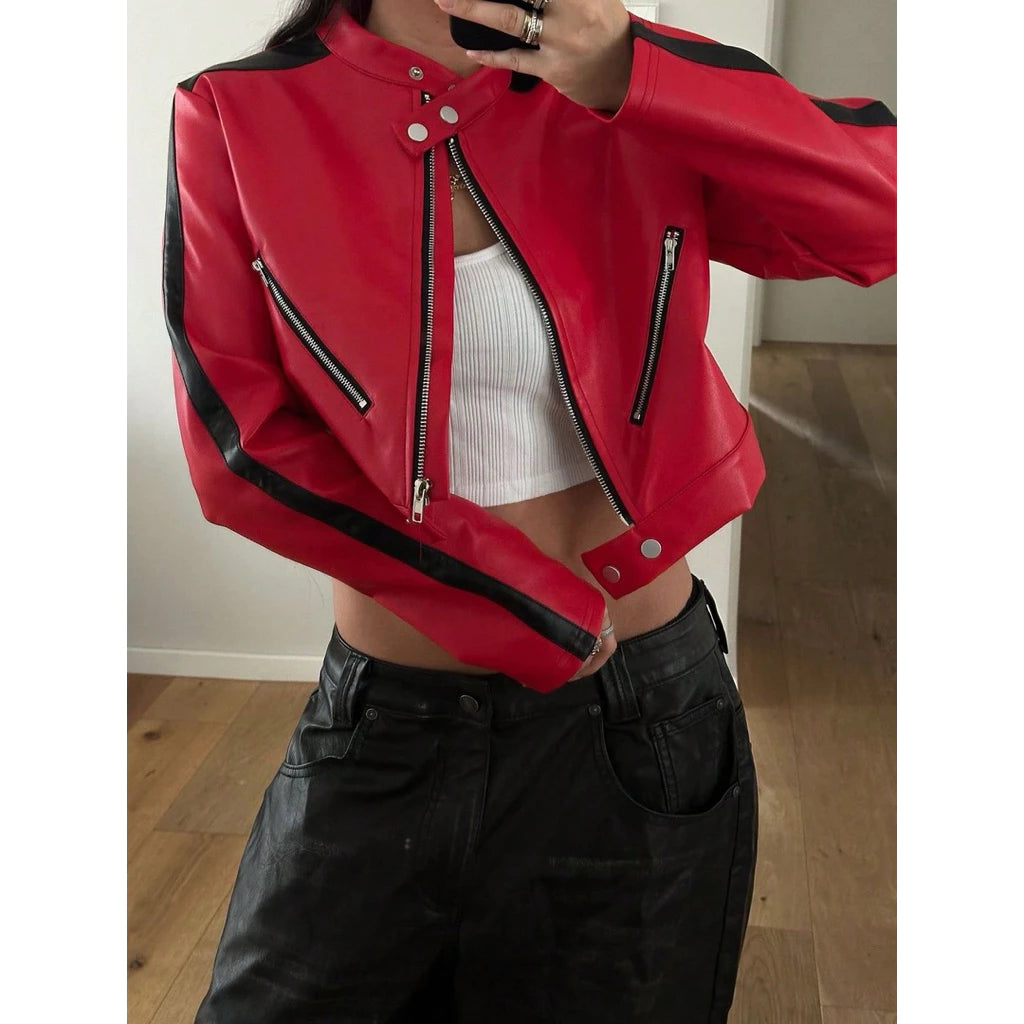 Jaket Kulit Motorcycle Crop Hitam dan Merah Jaket Lengan Panjang Pendek dengan Garis-garis Retro Mantel Vintage