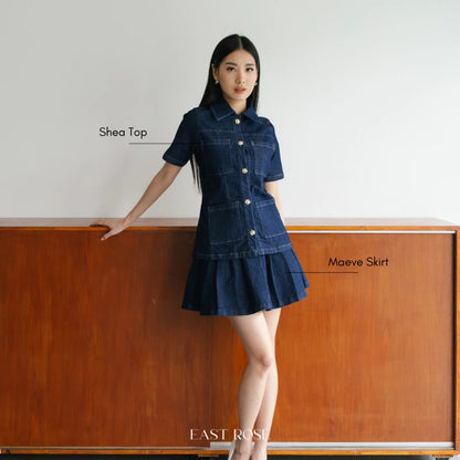 [EastRose] Shea Denim Top | Atasan Denim | Top Jeans Wanita | Kemeja Lengan Pendek Jeans | Denim Top Lengan Pendek