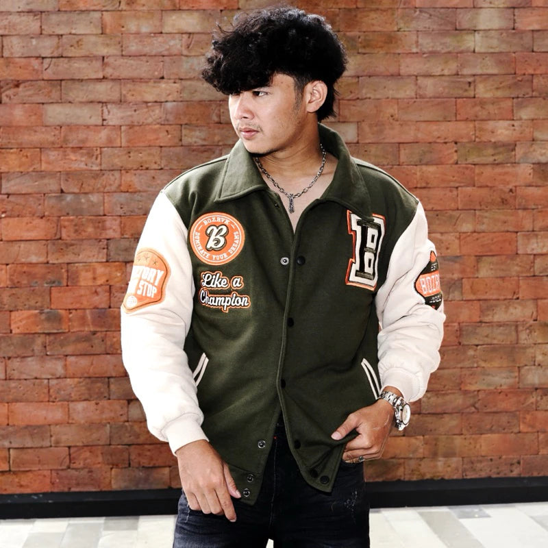 BOZRVK Jaket Varsity Pria Unisex Champion Army Full Bordir