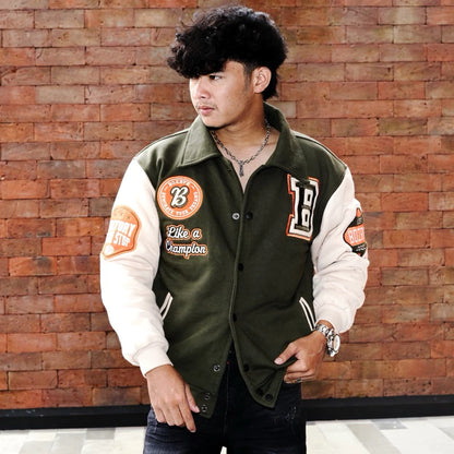 BOZRVK Jaket Varsity Pria Unisex Champion Army Full Bordir