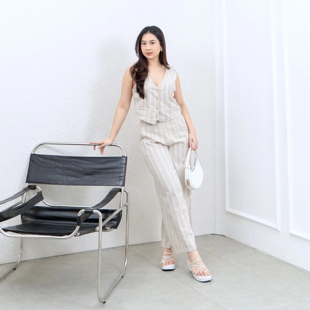 [GURLBUCKET] Jenevi Stripe Set / Vest / Longpant / Atasan / Celana Panjang / Oneset Linen ''Pakaian Wanita''