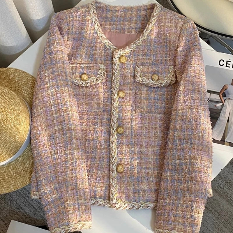 EMITA BLOOM tweed blazer crop wanita kekinian atasan outer biru muda lengan pendek wanita cardigan kondangan aesthetic korea style