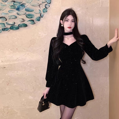 YIMITA summer korean style red long sleeve dress for woman mini formal elegant birthday party christmas dress for teens Lengan panjang