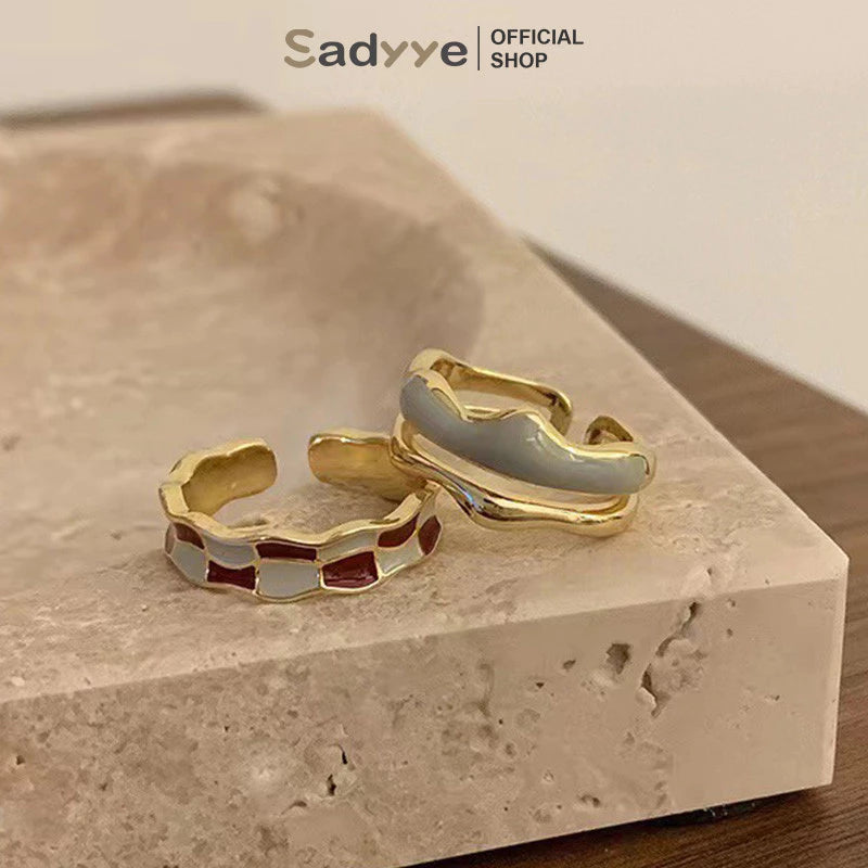 Sadyye Cincin Kotak-kotak Vintage Enamel Perancis Desain Cincin Jari Telunjuk Terbuka Checkerboard