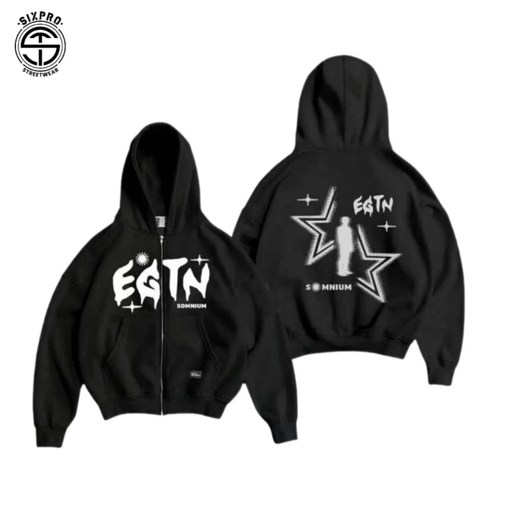 SIXPRO - Hoodie Boxy Zipper Hearth Hitam Fit Distro Oversize Pria Wanita Premium