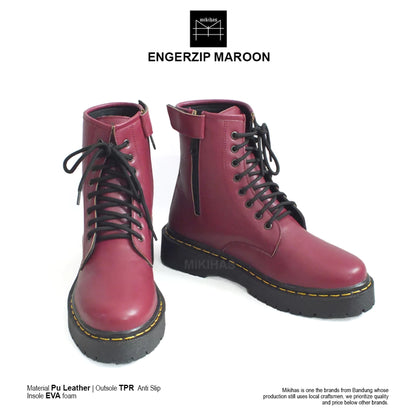 MIkihas - Sepatu Boot Pria Wanita Fashion Kasual Kulit Maroon 8 Hole - Engers Zip