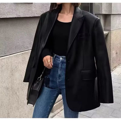 Blazer Kulit Wanita Coklat Oversize | Outer Kekinian Korea Look