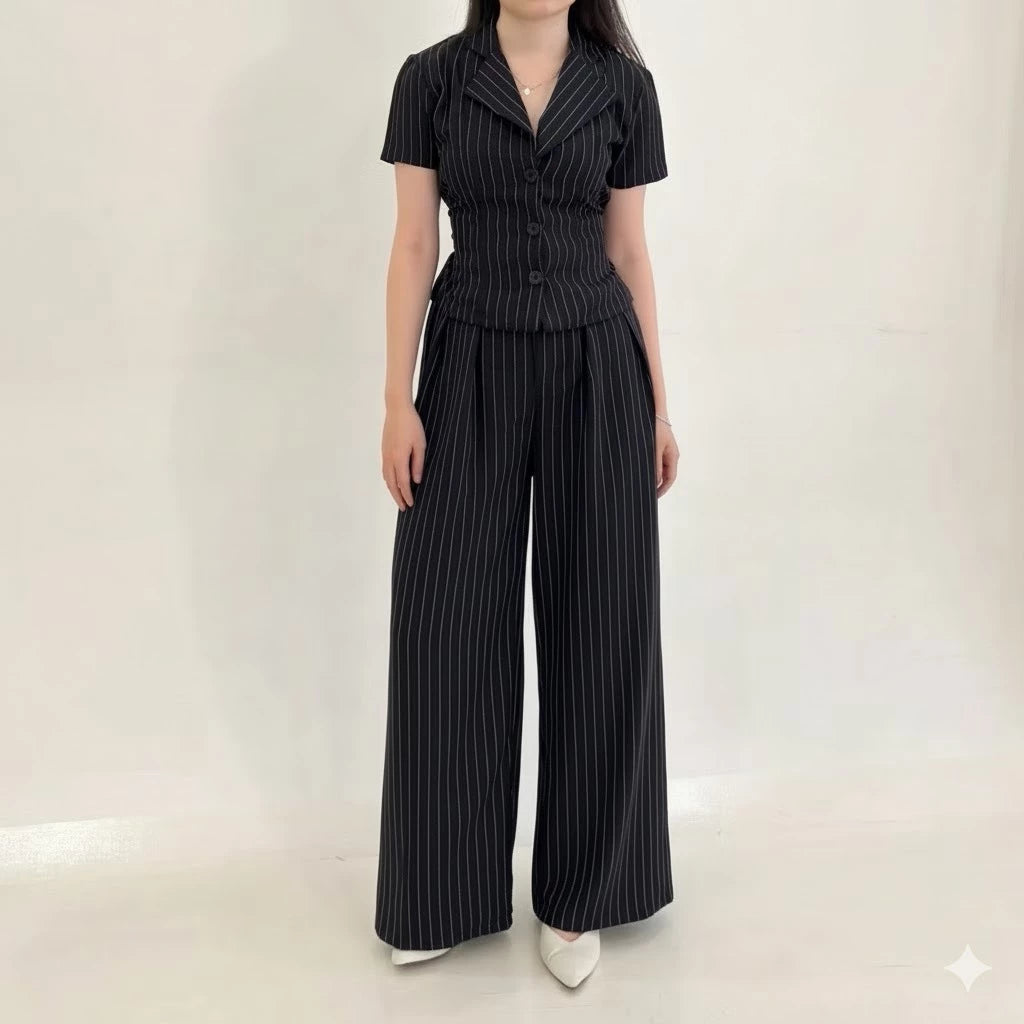 New York Set Wanita Stripe Formal Salur (Atasan+Celana) Fit Body Semiwoll Premium