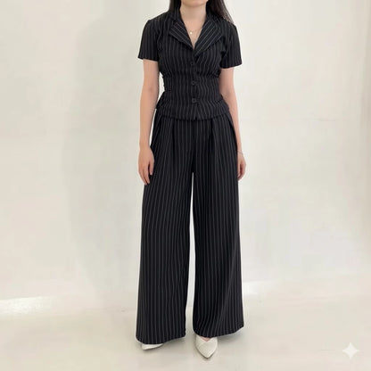 New York Set Wanita Stripe Formal Salur (Atasan+Celana) Fit Body Semiwoll Premium