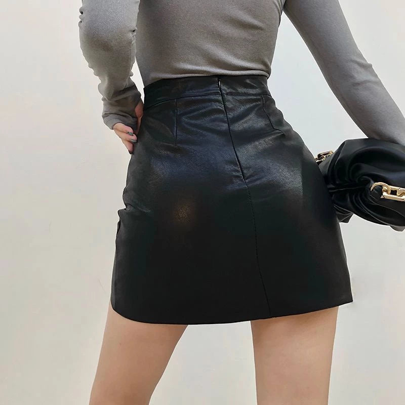 Rok Kulit Wanita Korean Style Pendek Pinggang Tinggi Musim Gugur