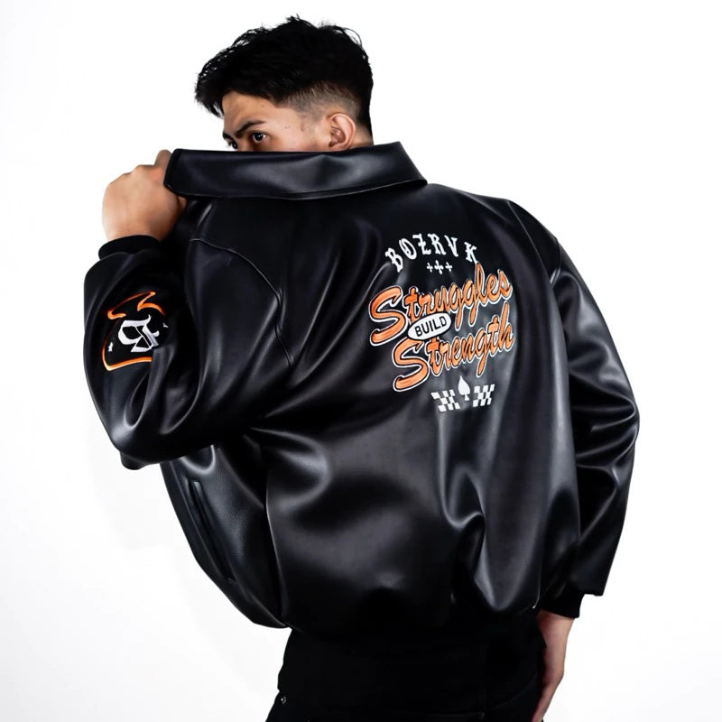 BOZRVK Jaket Varsity Unisex Hitam Leather Full Bordir