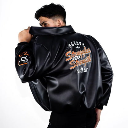 BOZRVK Jaket Varsity Unisex Hitam Leather Full Bordir