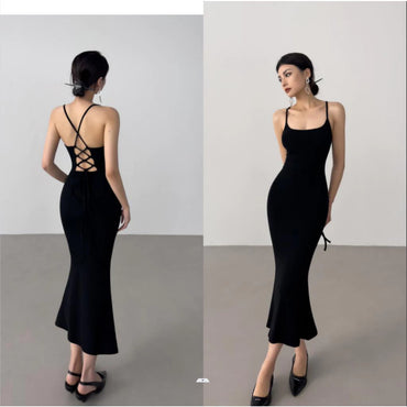 EMITA BLOOM baju dress brown backless pantai wanita ketat kondangan simple elegan kekinian korean style gaun pesta mewah elegan