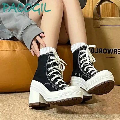 PINKEY P320 Sepatu Boots Tinggi untuk Wanita Trendy, Model Korean Style dengan Bahan Kanvas - Hitam