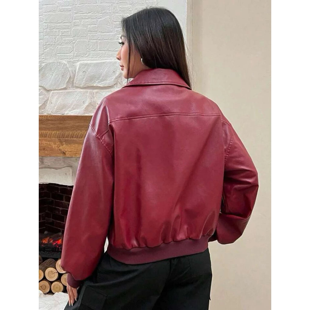 Hanifoleather.id Jaket Kulit Imitasi Merah Maroon Lengan Panjang Ritsleting Bahu Jatuh Musim Gugur/Dingin