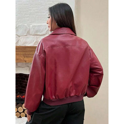 Hanifoleather.id Jaket Kulit Imitasi Merah Maroon Lengan Panjang Ritsleting Bahu Jatuh Musim Gugur/Dingin