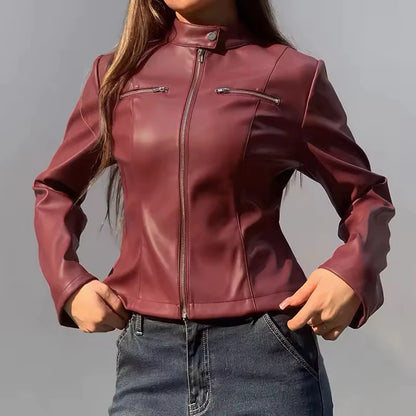 -Jaket Kulit Wanita Kasual kerah Berdiri Risleting Musim Semi
