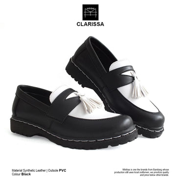 Mikihas Claris - Sepatu Loafers Wanita Kulit Hitam Putih Slip On Kasual - Sol PVC Hitam Ringan
