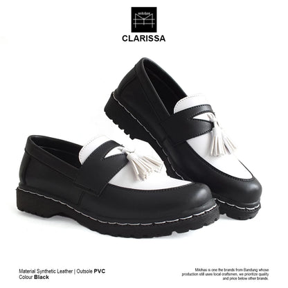 Mikihas Claris - Sepatu Loafers Wanita Kulit Hitam Putih Slip On Kasual - Sol PVC Hitam Ringan