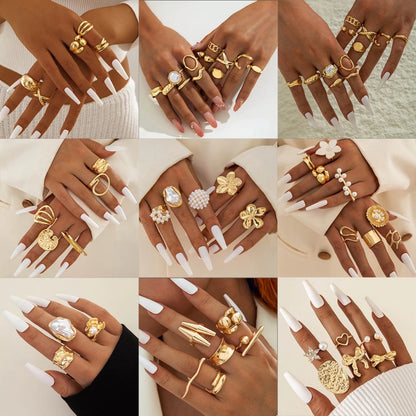 12pcs Cincin Fashion Terbuka Geometris Emas Sliver Set Cincin Gaya retro chic Tren Pribadi Wanita