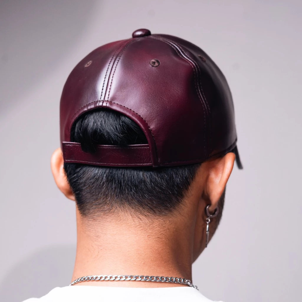 BOZRVK Red Flame Kanji Leather Baseball Cap - Topi Baseball Pria Maroon