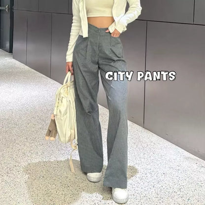 CITY PANTS - CELANA TIDUR TIPIS PANJANG WANITA KANTOR KULIAH MOTIF GARIS KULOT PINSTRIPE KARET LEMBUT LOOSE KOREAN