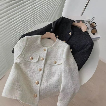 EMITA BLOOM jacket outer hitam polos kondangan wanita kekinian lebaran 2026 korean outer crop top lengan panjang tweed blazer wanita