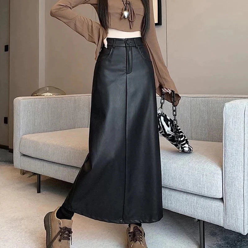 Rok Kulit Wanita PU Pinggang Tinggi Highwaist Saku Belahan Belakang