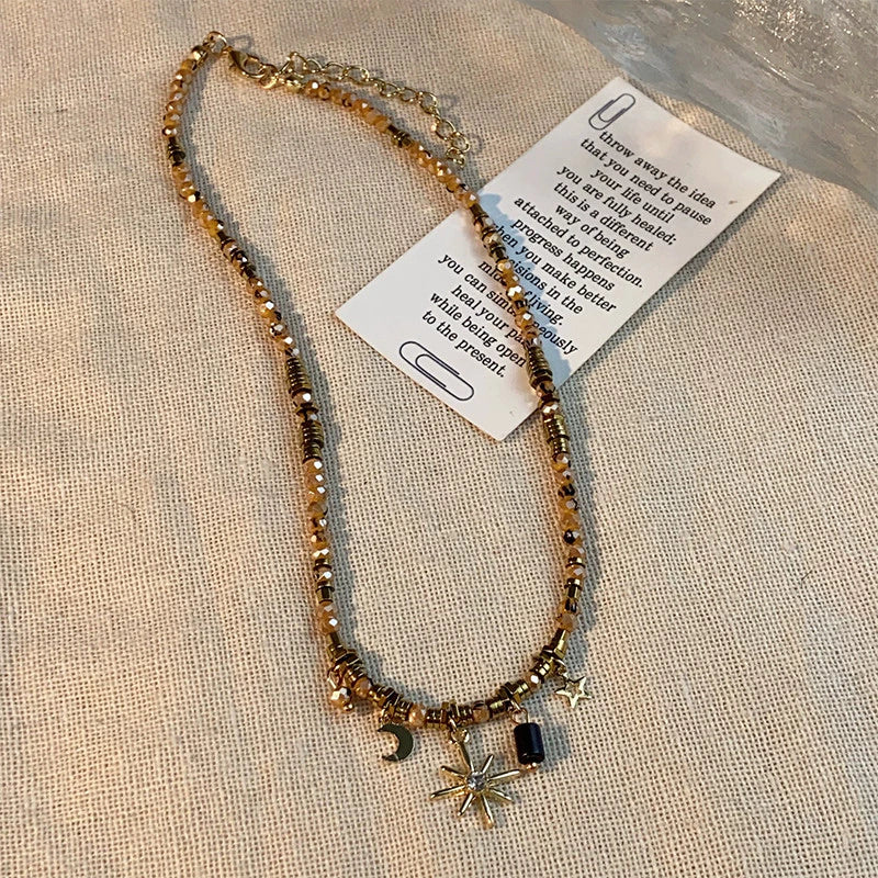 Set Kalung dan Gelang Wanita Gaya Vintage Manik Emas Ornamen Bulan Bintang Couple Fashion Aesthetic
