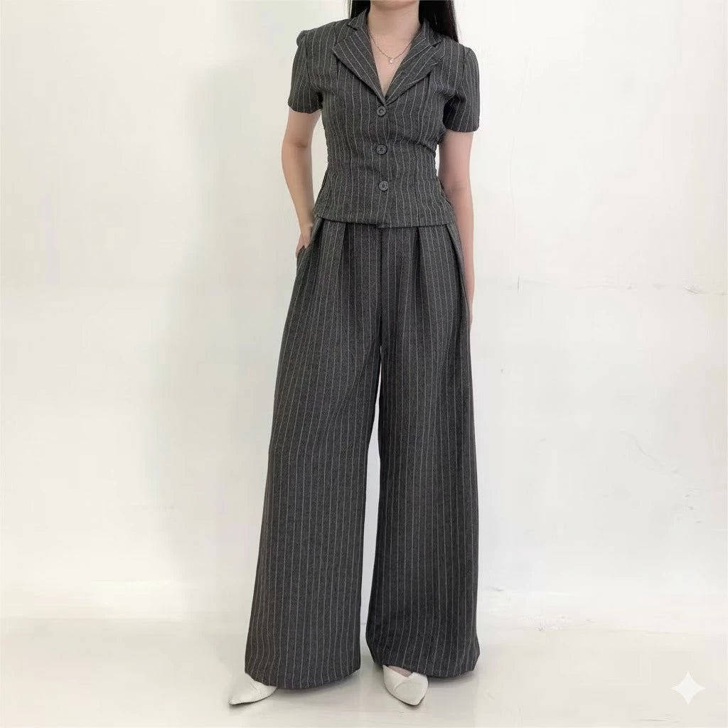 New York Set Wanita Stripe Formal Salur (Atasan+Celana) Fit Body Semiwoll Premium