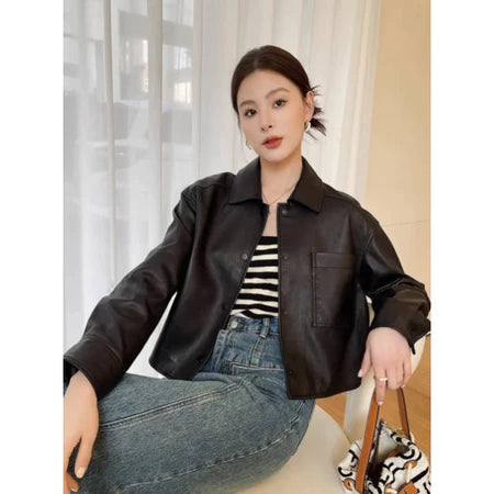 - Leather Jacket Wanita Casual Branded Semi Kulit Premium faux synthethic leather kekinian
