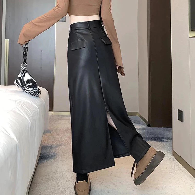 Rok Kulit Wanita PU Pinggang Tinggi Highwaist Saku Belahan Belakang